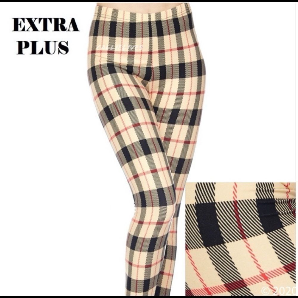 Callie Lives Plus Cream and Berry Plaid Leggings 1X/2X